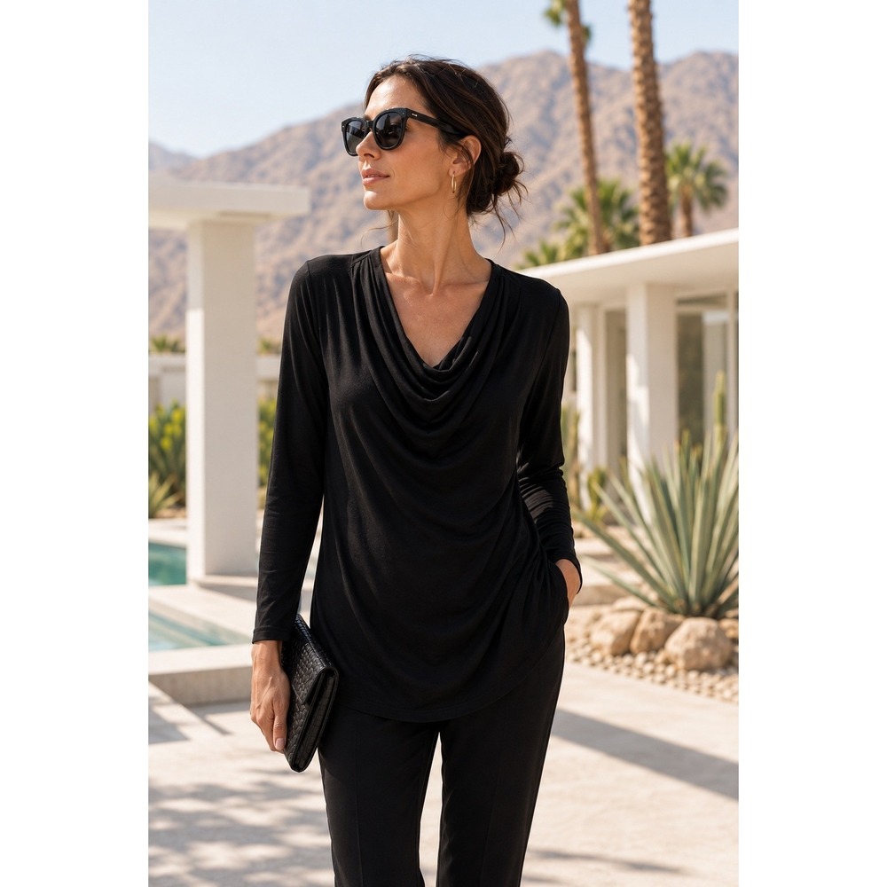 Jane Delancey Black Cowl Neck Tunic Top Medium Stretch Minimalist Travel Capsule